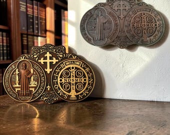Hand Carved St. Benedict Medal - Beech Wood Catholic Home Blessing- Free Random Gift Included