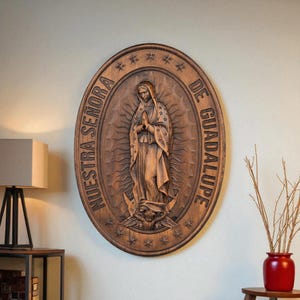 Our Lady of Guadalupe Wood Carving: Retro Religious Wall Art