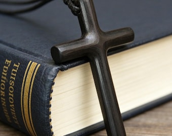 Hand-Carved Ebony Wood Cross Pendant with Cord，christian gift