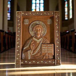 Hand-Carved Christ Pantocrator Wood Icon - Spiritual Gift for Christian，Handmade Catholic Wall Art - Christian Home Decor - Religious Gift
