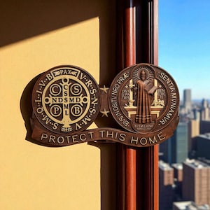 Hand-Carved St. Benedict & St. Michael Plaque: Beech Wood Catholic Decor