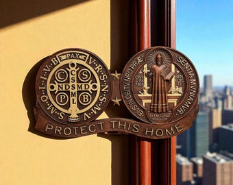 Hand-Carved St. Benedict & St. Michael Plaque: Beech Wood Catholic Decor