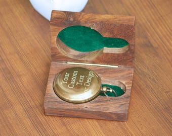 Personalized Brass Compass with Engraved Wooden Box, Anniversary Gift