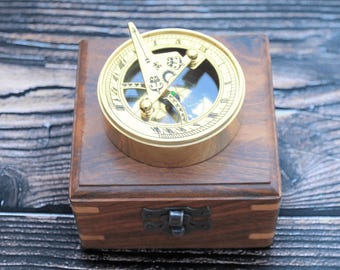 Personalized Brass Sundial Compass, Custom Engraved Wooden Box