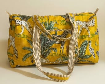 Handmade Block Print Quilted Cotton Duffle Bag: Travel Gym Yoga