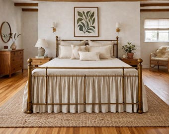 European Flax Linen Dust Ruffle Bed Skirt–Striped Ruffled Skirt in Queen, King Sizes