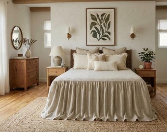 Linen Ruffle Bed Skirt, Stone Washed Softened Linen. Queen, King, Twin, Full Double Sizes