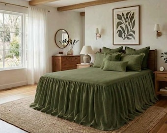 Jupe de lit à volants vert mousse en lin faite main, jupe de lit rayée à longs volants