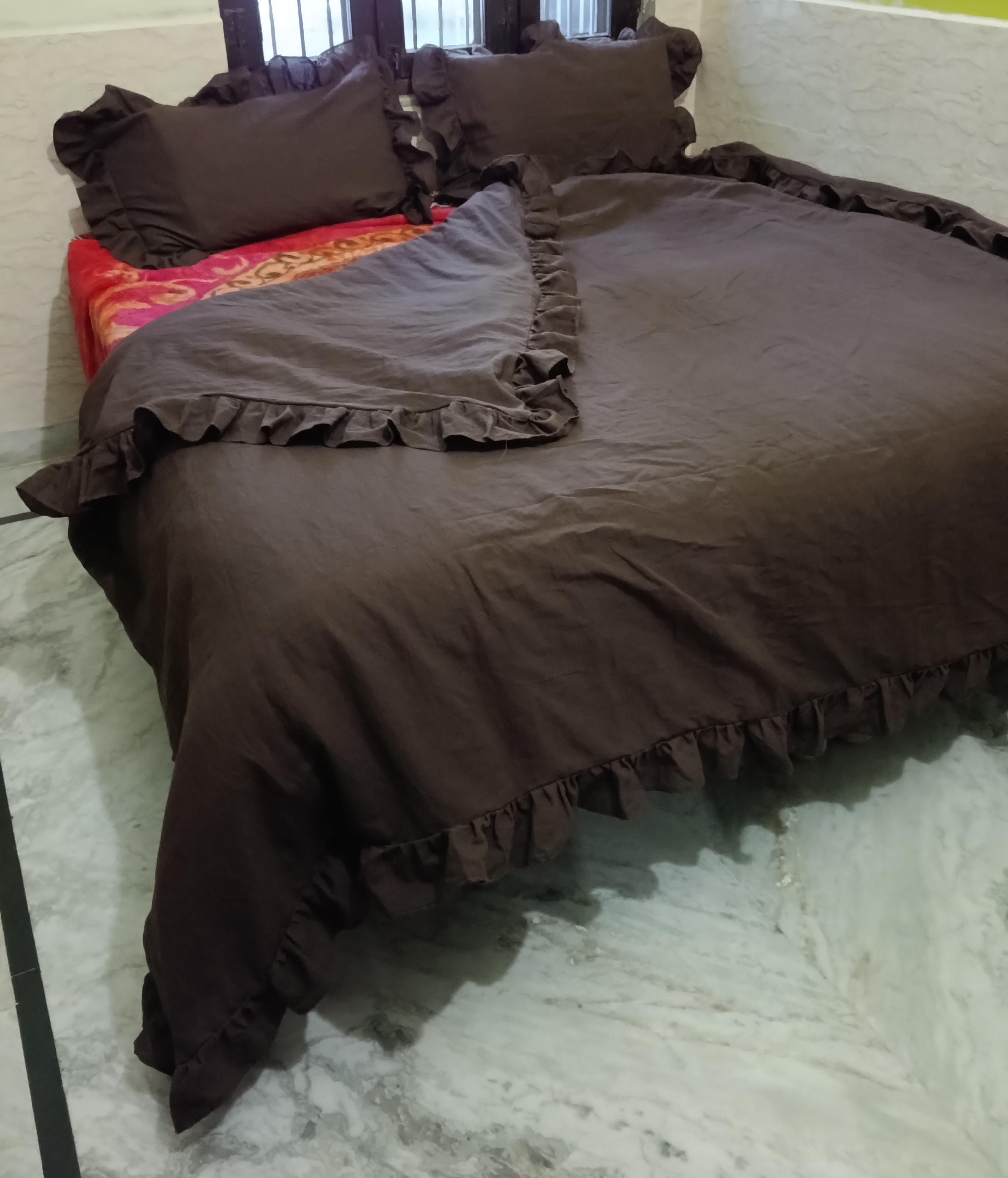 Handmade Linen Walnut Brown Ruffled Linen Bedding Set Rustic Farmhouse Duvet Cover with Pillows.