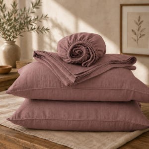 Set di lenzuola in lino color malva fatte a mano, biancheria da letto europea a 4 pezzi, lino morbido lavato