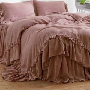 Ruffle Linen Duvet Cover Set, Hand-Dyed Stonewashed Organic French Linen, Double Ruffled Bedding