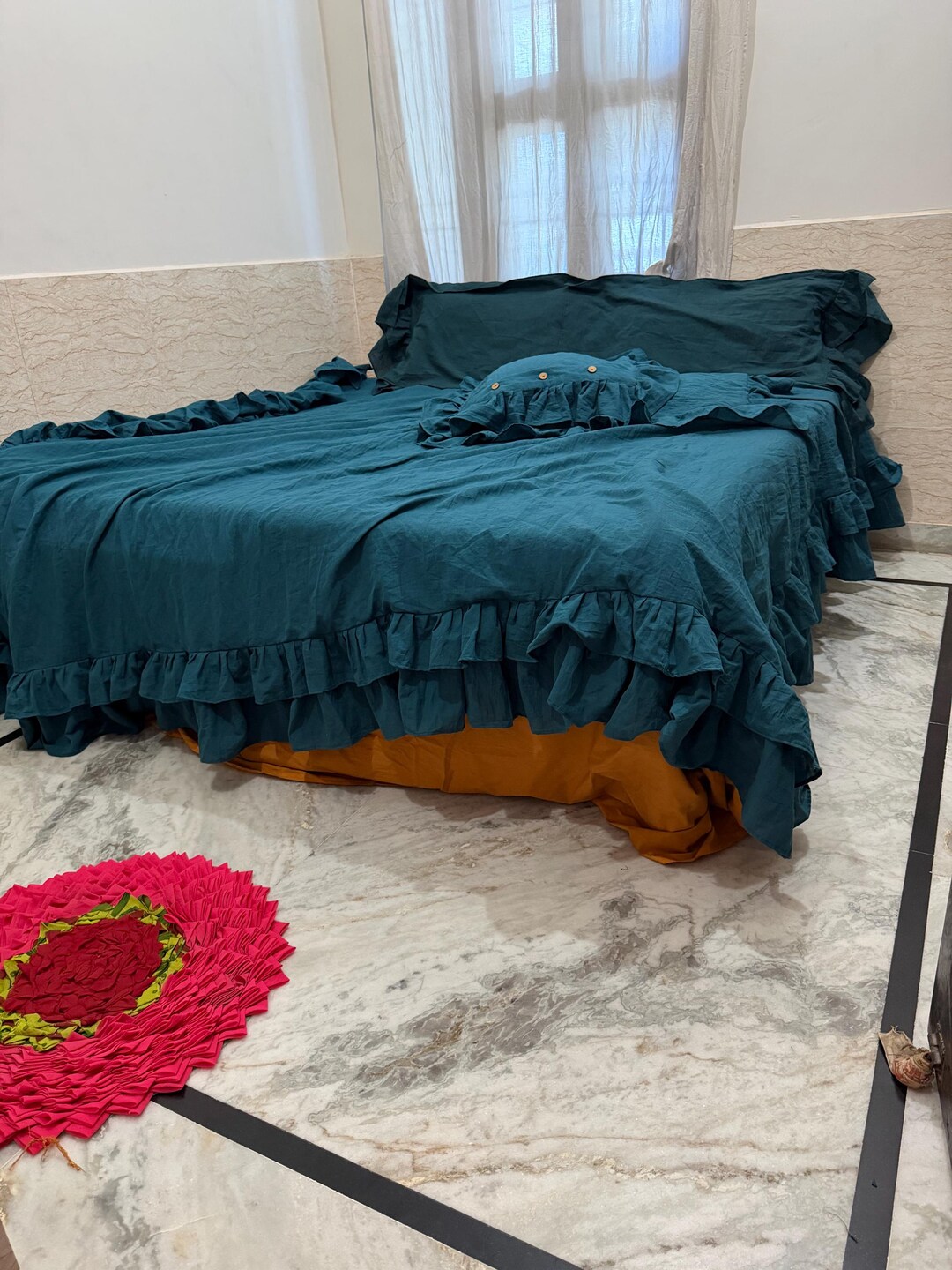 French Teal Blue Cotton Ruffled Bedding Boho King, Queen, Full Duvet ...