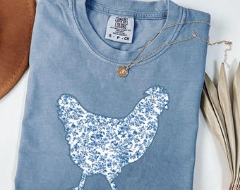 Comfort Colors® Chicken Shirt, Toile Floral Chicken Shirt, Chicken Mom Shirt, Farm Girl Shirt, Farm Family Shirt, Cute Chicken Tee for Women