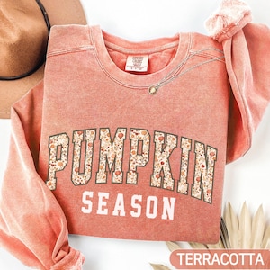Könnte beinhalten: Terracottafarbenes Sweatshirt mit dem Schriftzug "PUMPKIN SEASON" in floralem Design. Das Sweatshirt hat einen Rundhalsausschnitt und lange Ärmel. Eine goldene Halskette und ein brauner Hut sind im Hintergrund zu sehen.