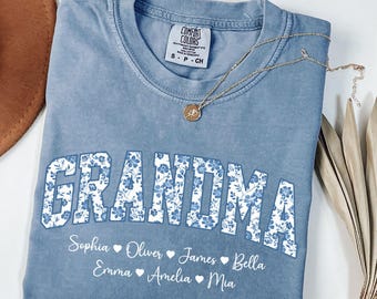 Personalized Grandma Shirt with Grandkids Names, Toile Floral Grandma T-Shirt, Mothers Day Shirt, Gigi,Mimi, Custom Kids Names Grandma Shirt