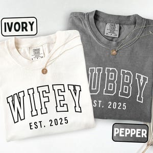 Custom Wifey & Hubby Comfort Colors® T-shirt, Personalized Honeymoon Shirt, Matching Couples Outfit, Wedding Party Tee, Wifey Hubby Gift