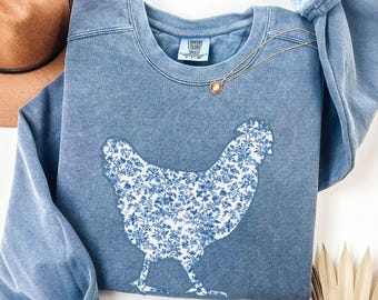 Comfort Colors® Toile Floral Chicken Sweatshirt, Chicken Lover Gift for Chicken Lady, Farm Gifts, Chicken Mom Sweater, Cute Chicken Sweaters