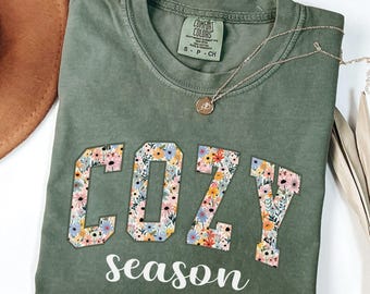 Comfort Colors® Cozy Season Shirt, Floral Cozy Season Tee, Fall Season T-Shirt, Boho Fall Floral Shirt, Autumn Vibes Shirt, Get Cozy Shirt
