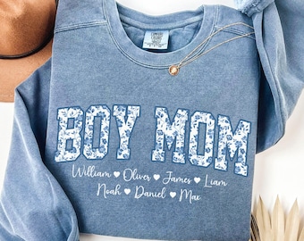 Personalized Boy Mom Sweatshirt With kids Names, Toile Floral Boy Mom Sweatshirt, Pregnancy Crewneck Boy, Cute Boy Mama Gift