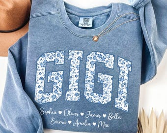 Moletom personalizado Gigi com nomes dos netos, suéter floral Gigi Toile, presente de dia das mães, Gigi, Mimi, nomes infantis personalizados, presentes para avós