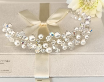 Crystal Pearl Tiara Bridal Crown Silver Swarovski Princess Tiara Wedding Diadem, Hair Vine Jewelry
