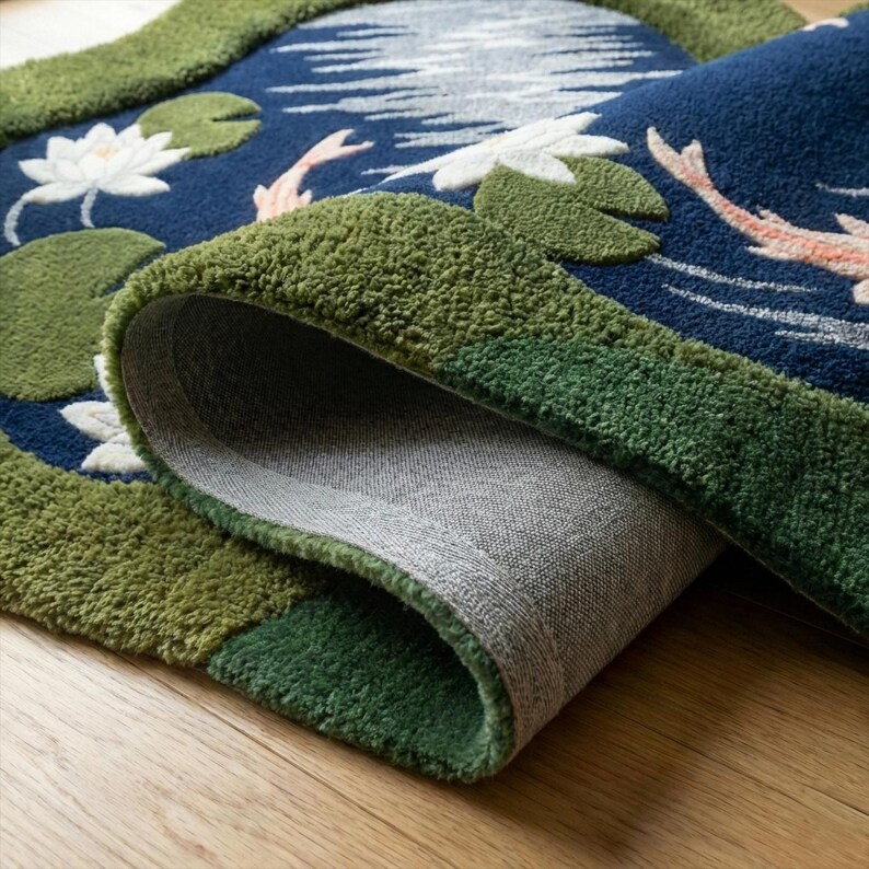 May include: A rolled-up rug featuring a pond scene with lily pads, white flowers, and koi fish. The rug has a dark blue background with green borders and accents. The rug is made of a soft, textured material.