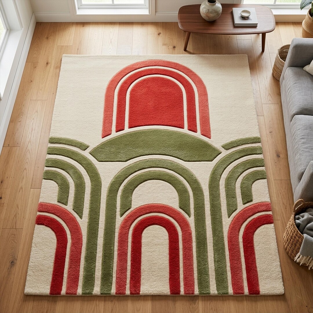 Arc Rug Mid Century Arc Wool Rug, Hand Tufted Geometric Red Green Cream Area ...