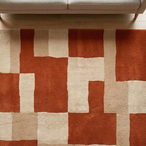 Bränd orange beige modern geometrisk matta, handtuftad vardagsrumsmatta i ull från mitten av århundradet bild 4