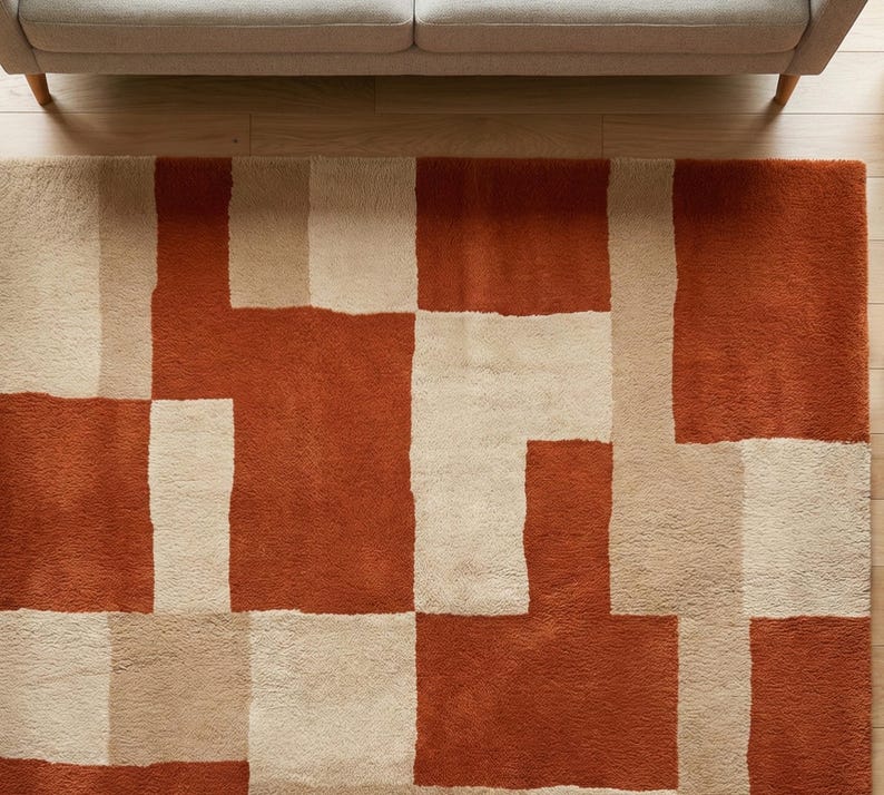 Bränd orange beige modern geometrisk matta, handtuftad vardagsrumsmatta i ull från mitten av århundradet bild 4