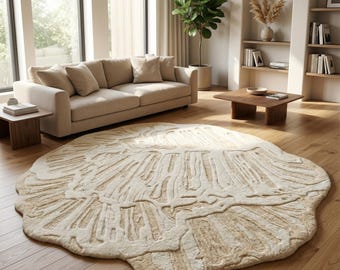 Off White Beige Hand Tufted Rug, Irregular Modern Abstract Wool carpet for living room