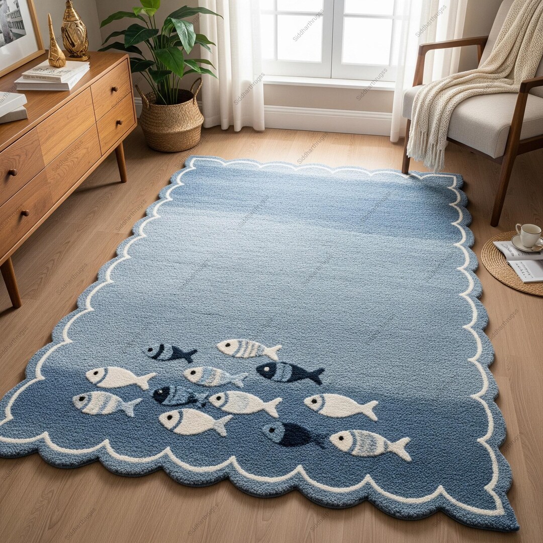 Hand-tufted Wool Area Rug, Scalloped Fish Design, Nursery Decor - Etsy