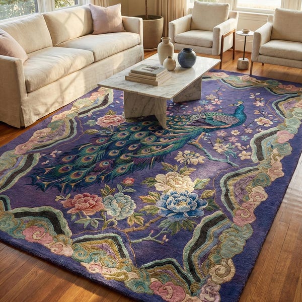 Tapis en laine à motif floral paon violet, tapis asiatiques colorés tuftés à la main, inspirés par la nature