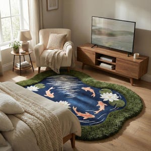 May include: A blue, pond-shaped rug with a green border. The rug features white water lilies and orange koi fish. The rug is placed in a bedroom setting with a bed, chair, and television.
