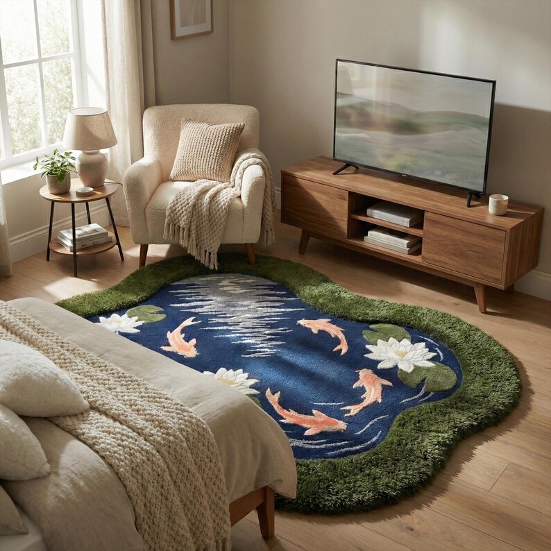 May include: A blue, pond-shaped rug with a green border. The rug features white water lilies and orange koi fish. The rug is placed in a bedroom setting with a bed, chair, and television.