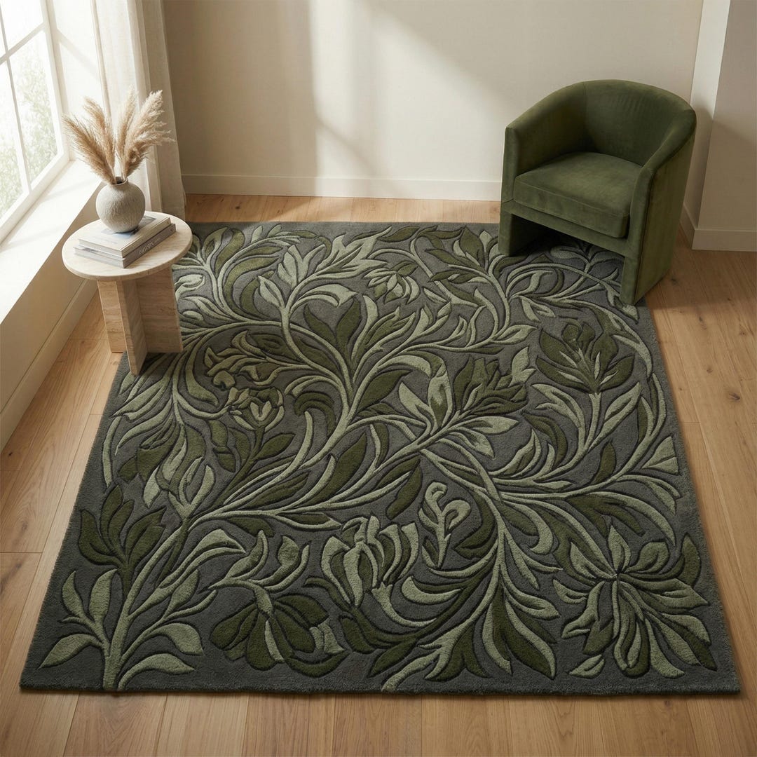 Grey Green Floral Wool Rug, Hand Tufted Botanical Nature Inspired Rug ...