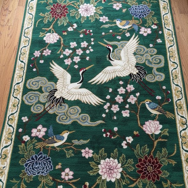 Emerald Green Hand Tufted Chinoiserie Crane Wool Rug, Traditional Colorful Floral Area Rugs for Living Room, Unique Asian Nature Bedroom Rug