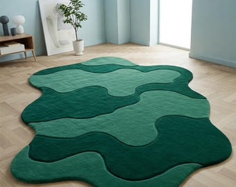 Deep Green Irregular Hand Tufted Rug, Abstract Organic Wavy Wool Area Rugs for Bedroom