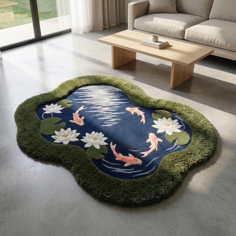 May include: A unique, pond-shaped rug with a blue center featuring koi fish, water lilies, and ripples. The rug is bordered by a green, grassy texture. The rug is placed on a gray floor.