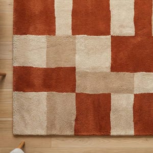 Bränd orange beige modern geometrisk matta, handtuftad vardagsrumsmatta i ull från mitten av århundradet bild 6