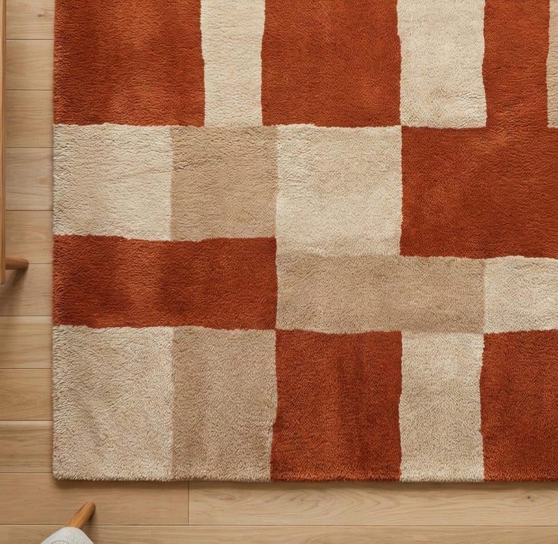 Bränd orange beige modern geometrisk matta, handtuftad vardagsrumsmatta i ull från mitten av århundradet bild 6