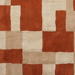 Bränd orange beige modern geometrisk matta, handtuftad vardagsrumsmatta i ull från mitten av århundradet bild 2