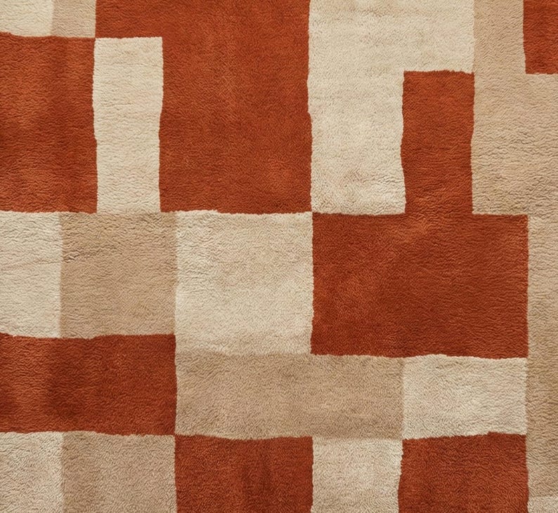 Bränd orange beige modern geometrisk matta, handtuftad vardagsrumsmatta i ull från mitten av århundradet bild 2