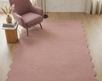 Pink Scalloped Wool Rug, Hand Tufted Solid Modern Living Room Rug