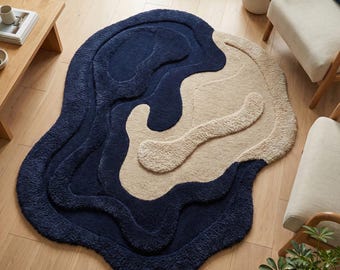 Irregular Tufted Wool Rug, Modern Abstract Blue Beige Living Room Rug