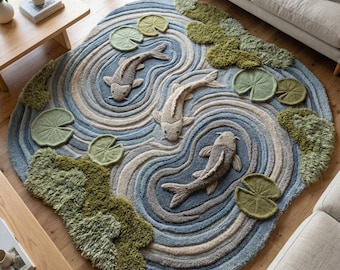 3D Koi Fish Pond Wool Rug, Moss Blue Irregular Hand Tufted Nature Inspired Rug