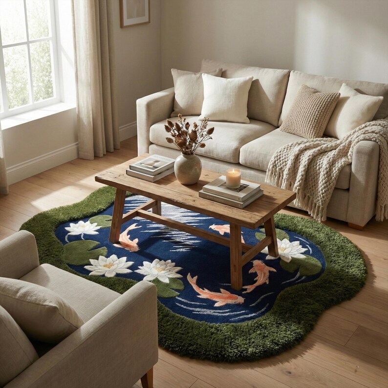 May include: A round rug with a pond design featuring koi fish, lily pads, and white flowers on a dark blue background. The rug has a green border and is placed in a living room setting with a wooden coffee table and beige sofa.