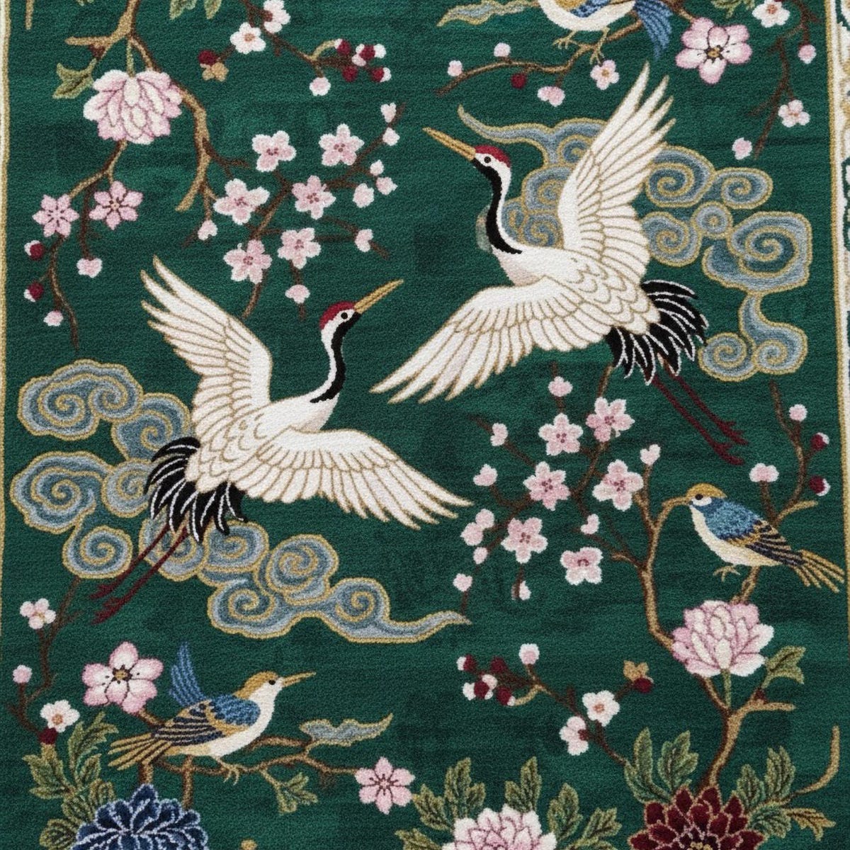 Emerald Green Hand Tufted Chinoiserie Crane Wool Rug, Traditional Colorful Floral Area Rugs for Living Room, Unique Asian Nature Bedroom Rug