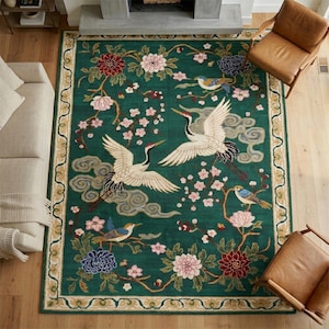 Emerald Green Crane Wool Rug, Hand Tufted Chinoiserie Floral Area Rugs for Bedroom