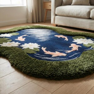 May include: A decorative rug with a pond design. The rug features a dark blue center with orange koi fish and white water lilies. The border is green, resembling grass. The rug is placed on a wooden floor.