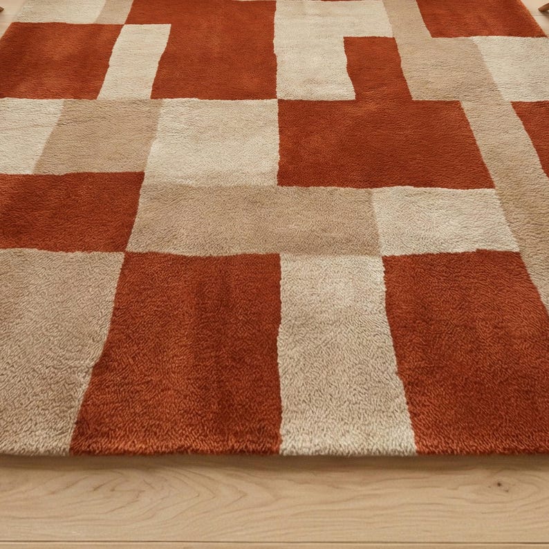 Bränd orange beige modern geometrisk matta, handtuftad vardagsrumsmatta i ull från mitten av århundradet bild 3